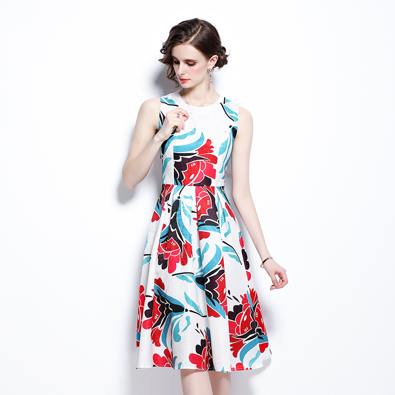 Printing sleeveless dress sleeveless long dress