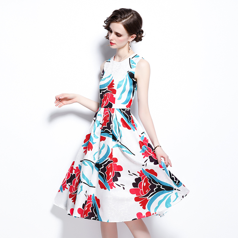 Printing sleeveless dress sleeveless long dress