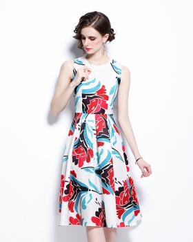 Printing sleeveless dress sleeveless long dress
