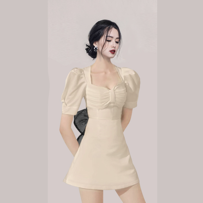 Bow puff sleeve square collar Korean style back hollow dress