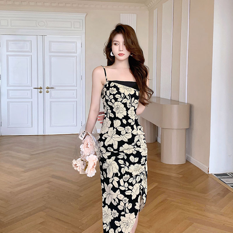 Retro printing sling pinched waist temperament summer dress