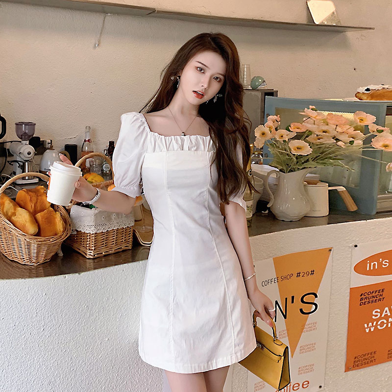 Slim France style T-back white pinched waist dress for women