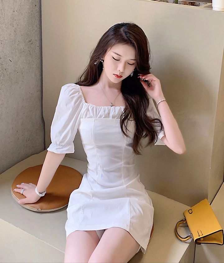 Slim France style T-back white pinched waist dress for women