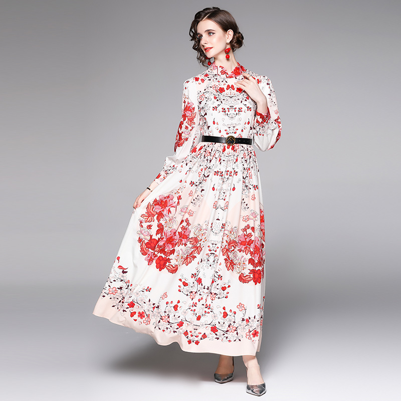 Printing all-match fashion with belt European style dress