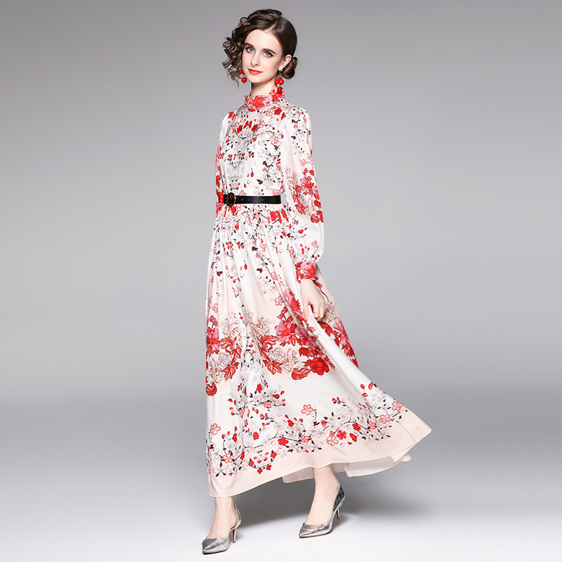 Printing all-match fashion with belt European style dress