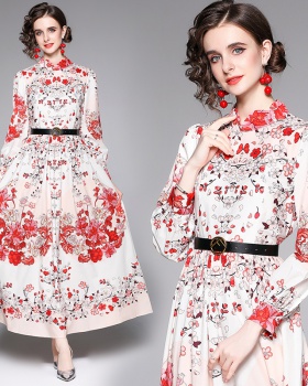 Printing all-match fashion with belt European style dress
