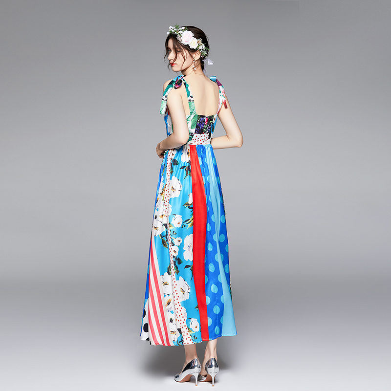 Real silk retro printing sling summer dress