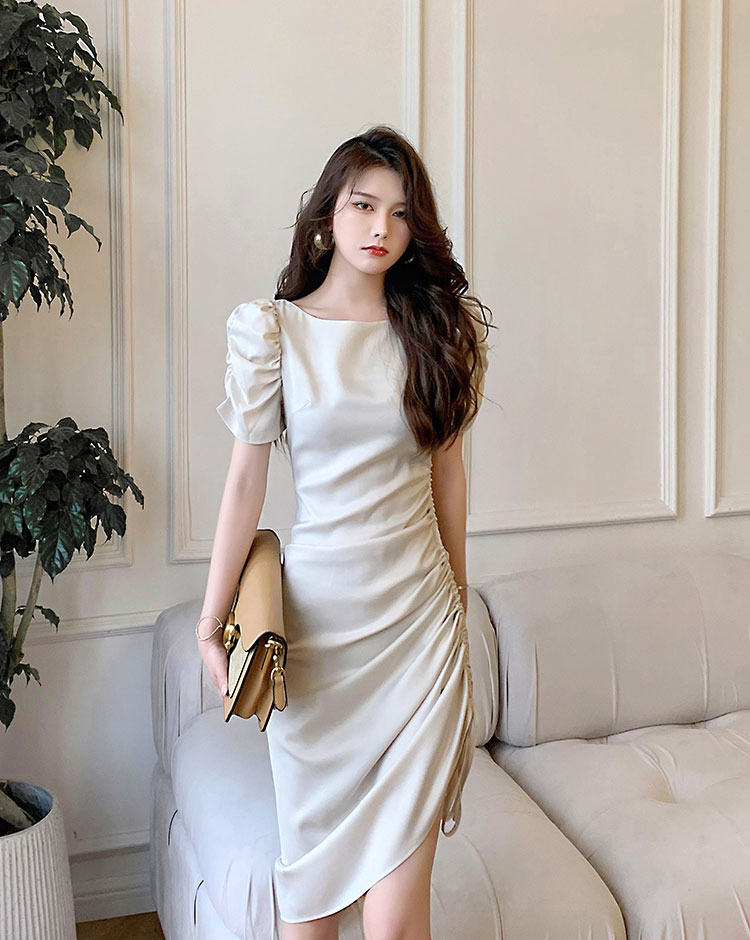 Pinched waist bandage long dress fold dress for women