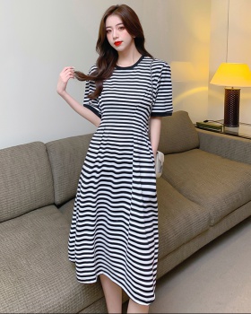 Western style stripe slim pinched waist dress for women