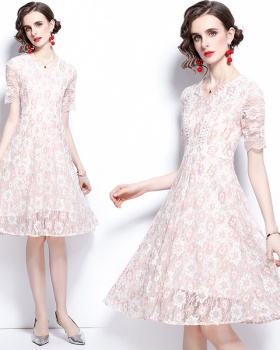 Long France style slim summer temperament hollow lace dress