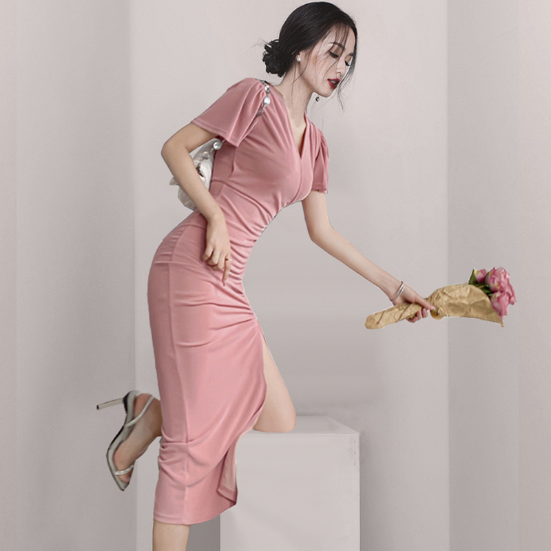 Ladies summer sexy fold pinched waist dress for women