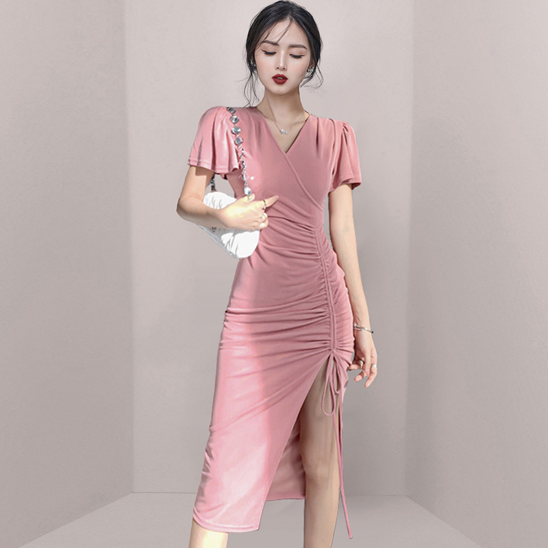 Ladies summer sexy fold pinched waist dress for women
