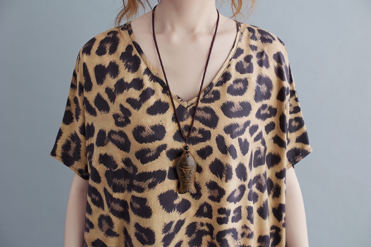 Casual short sleeve V-neck robe art leopard long dress
