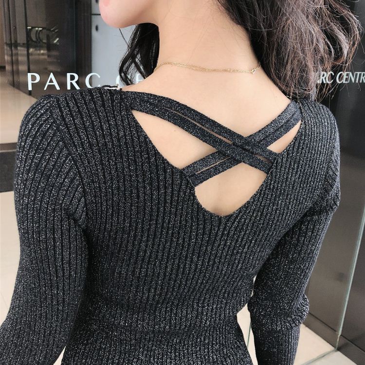 Short sleeve halter long zip V-neck knitted dress