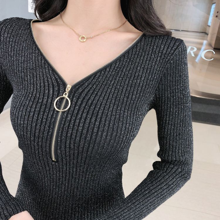 Short sleeve halter long zip V-neck knitted dress