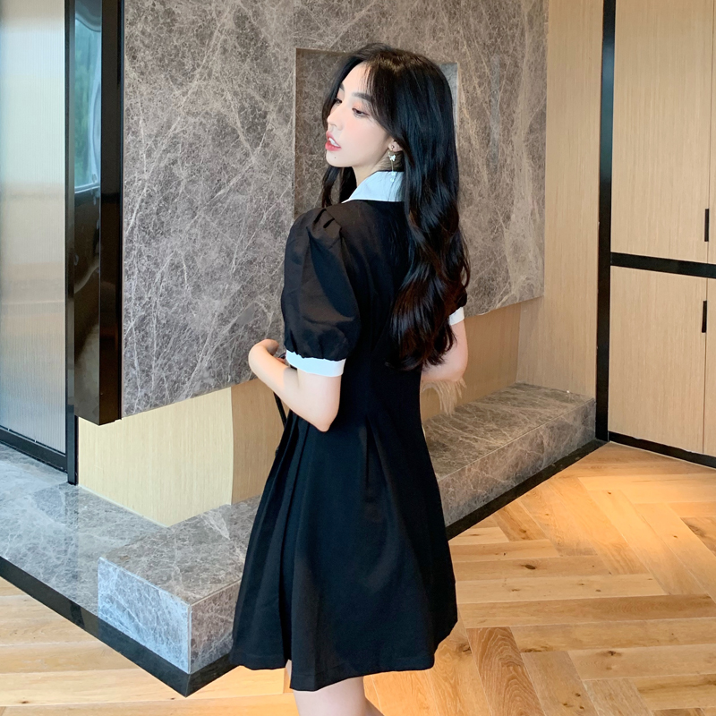 Puff sleeve pinched waist lapel Korean style dress
