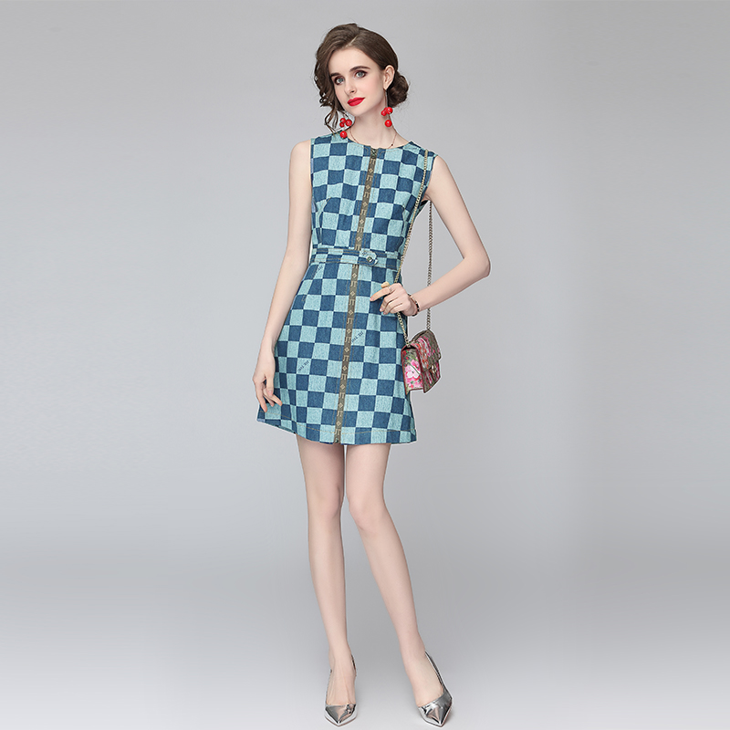 Denim blue thin plaid summer retro dress for women