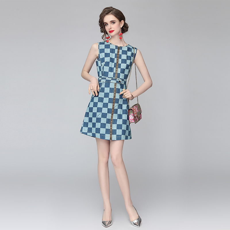 Denim blue thin plaid summer retro dress for women