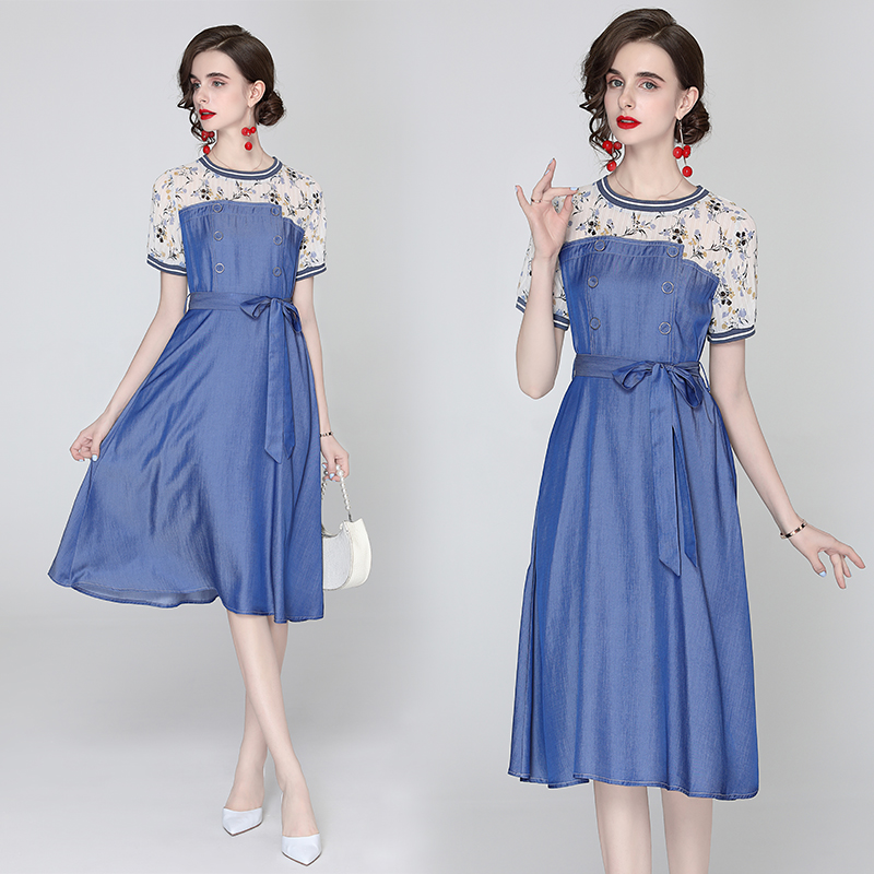 Splice chiffon temperament denim summer long dress for women