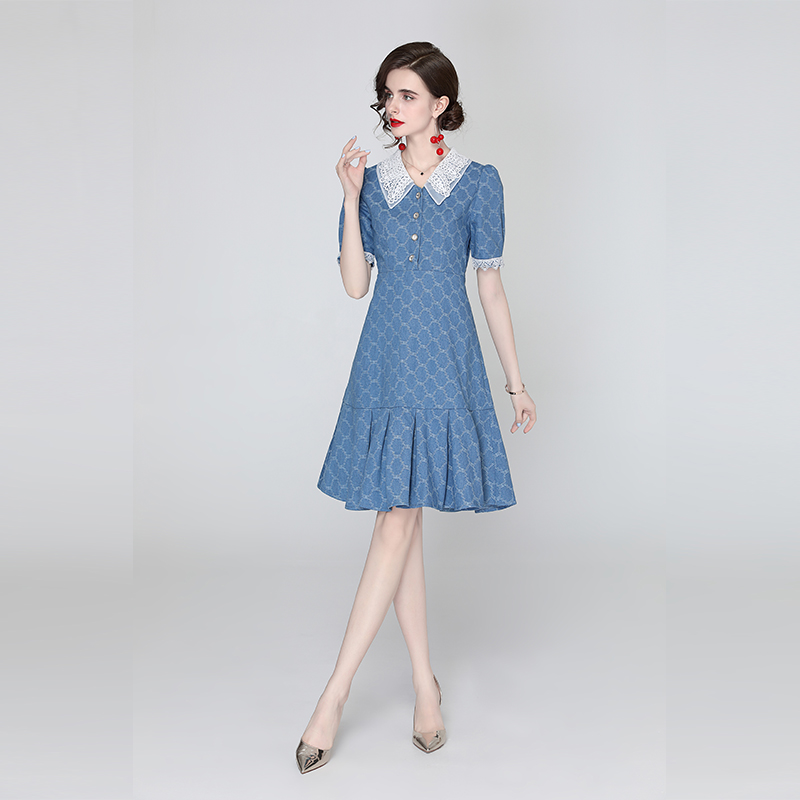 Short sleeve doll collar pinched waist summer dress for women