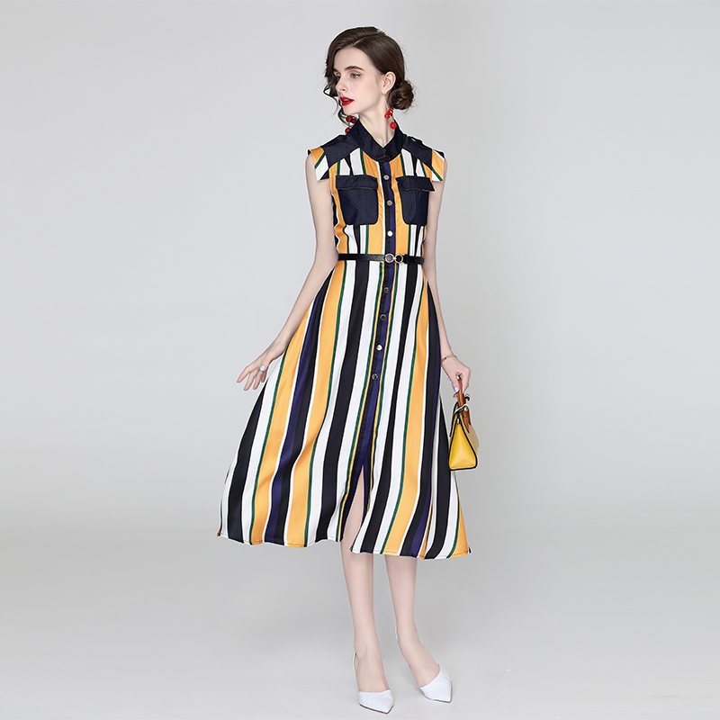 Long fashion split stripe ladies dress for women