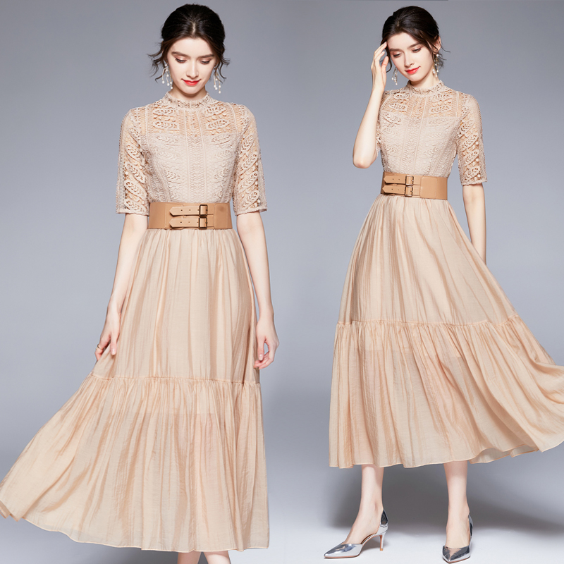 Lace elegant dress hollow pinched waist long dress