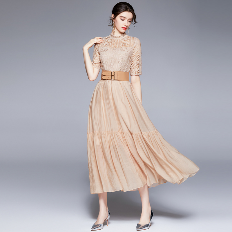 Lace elegant dress hollow pinched waist long dress