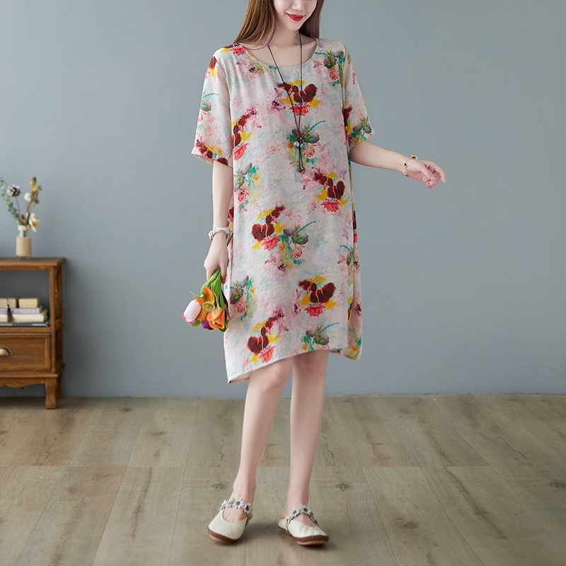 Long retro printing summer cotton linen large yard dress