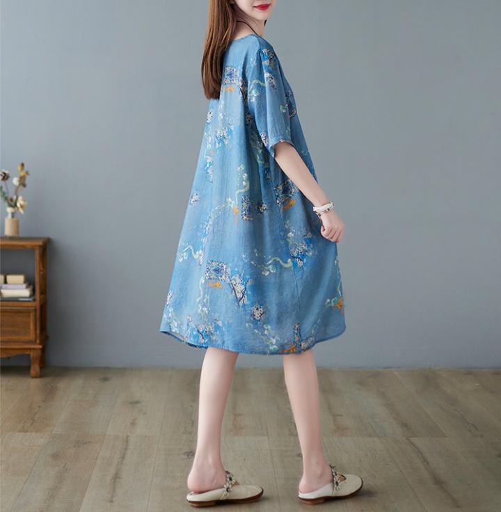 Long summer floral Casual retro cotton linen slim loose dress