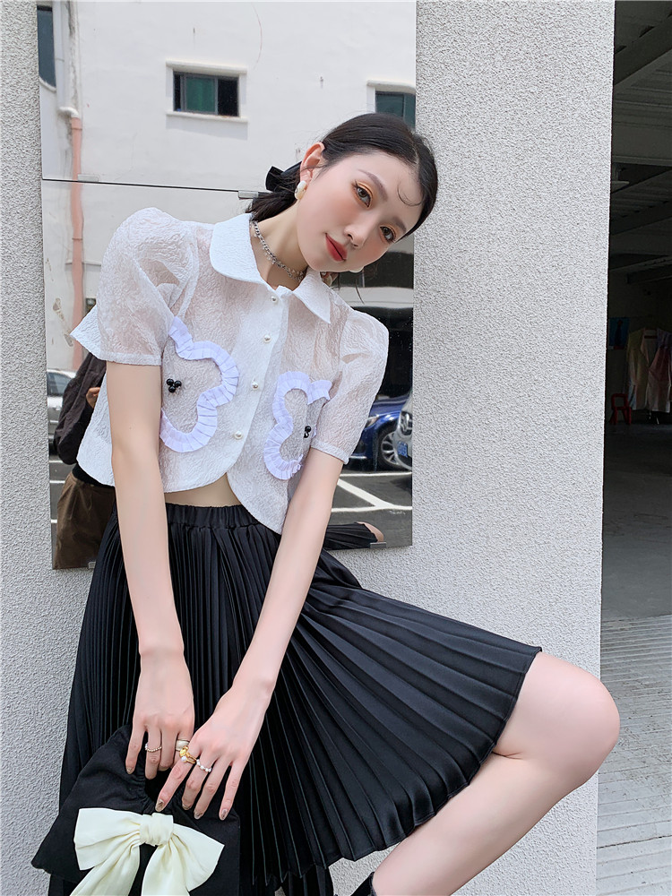 Summer pleated shirt high waist skirt 2pcs set for women