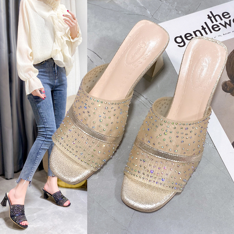 Gauze fish mouth slippers Korean style rhinestone shoes