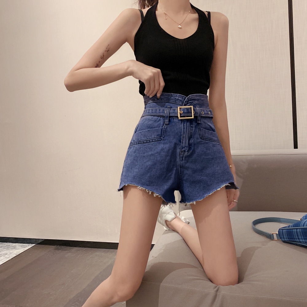 With belt spring and summer slim short jeans for women