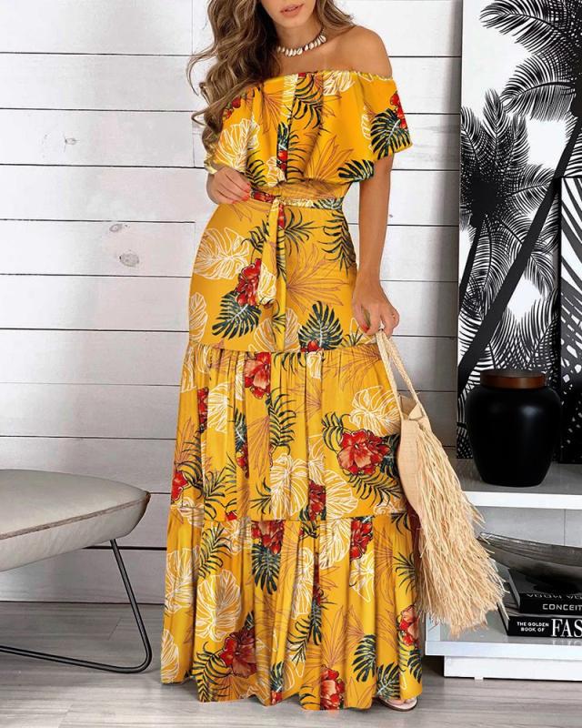 Yellow colors long dress pinched waist horizontal collar dress