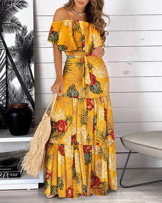 Yellow colors long dress pinched waist horizontal collar dress