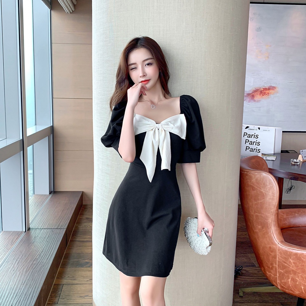 Puff sleeve France style slim dress bow retro lady dress