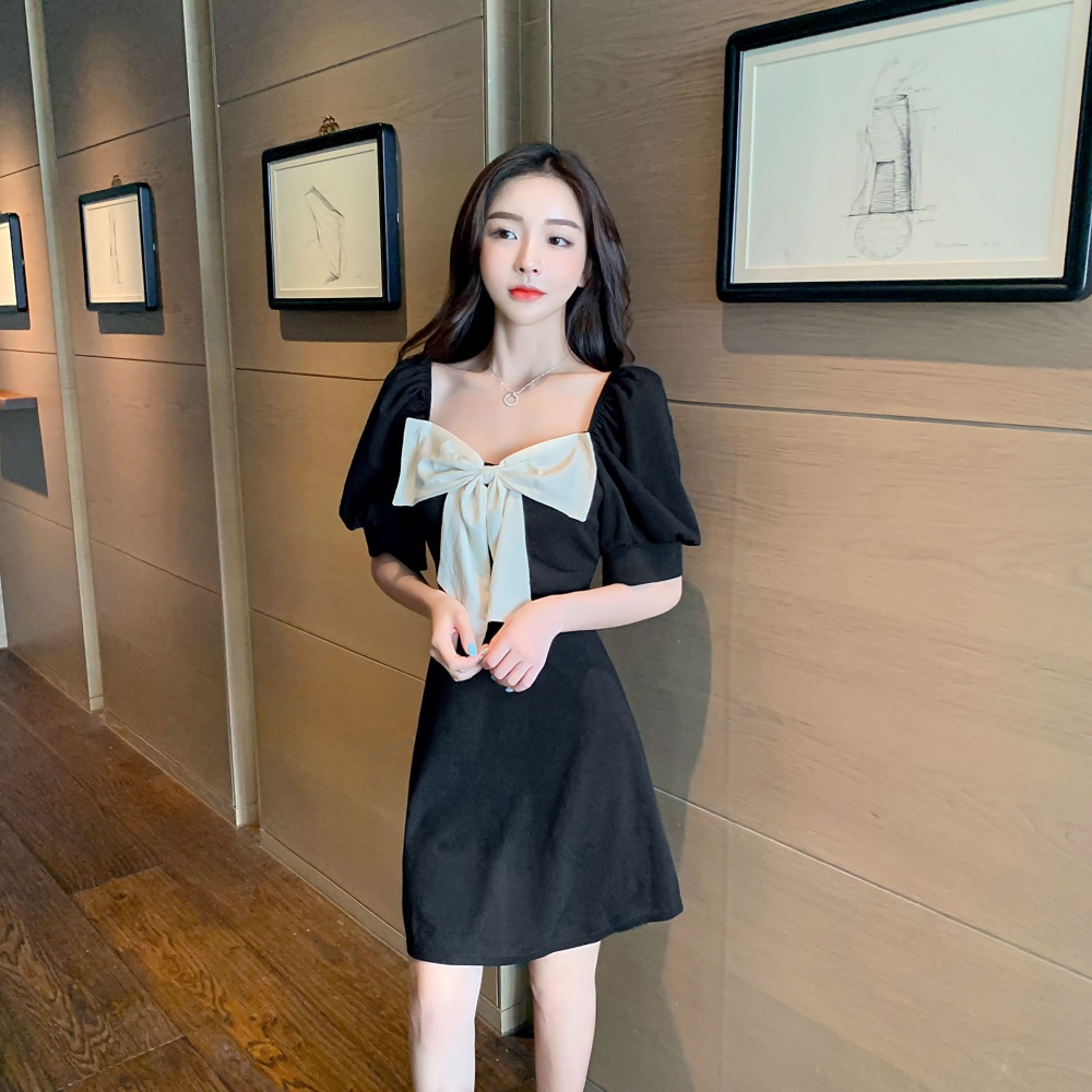 Puff sleeve France style slim dress bow retro lady dress