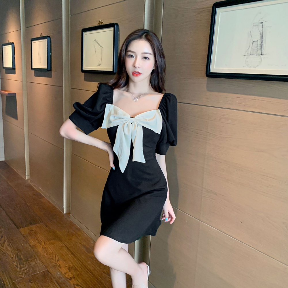 Puff sleeve France style slim dress bow retro lady dress