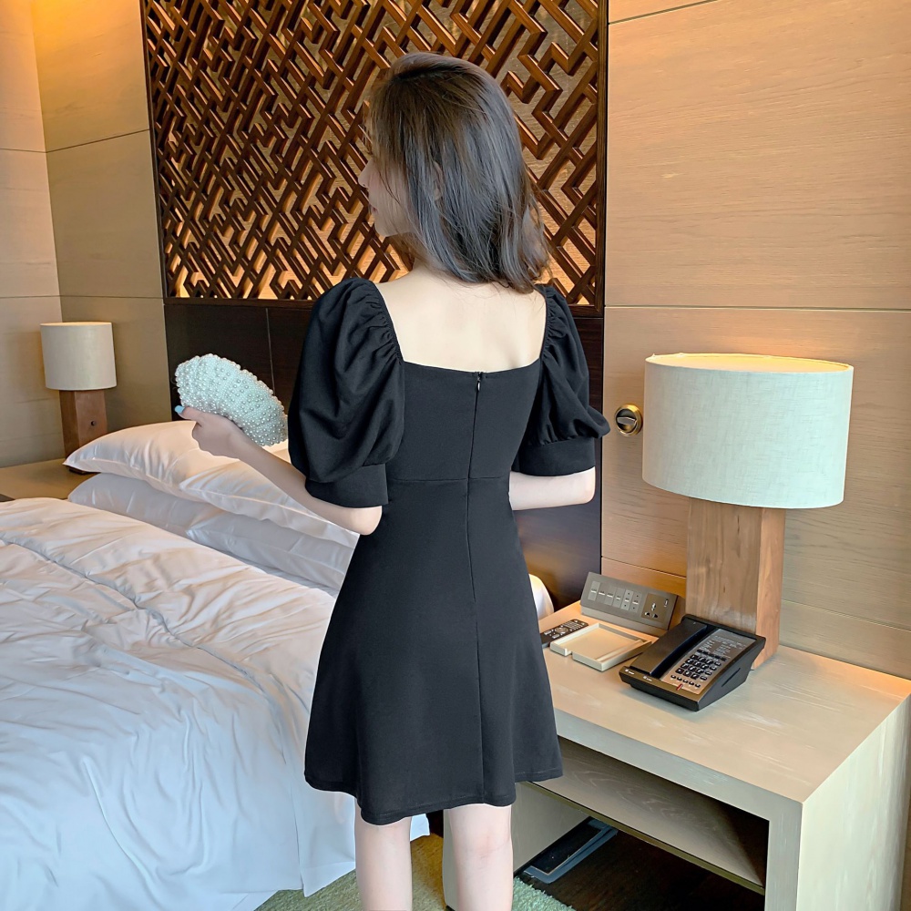 Puff sleeve France style slim dress bow retro lady dress