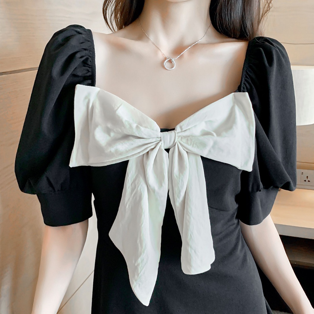 Puff sleeve France style slim dress bow retro lady dress