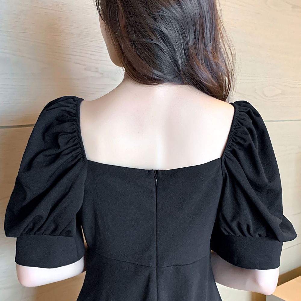 Puff sleeve France style slim dress bow retro lady dress