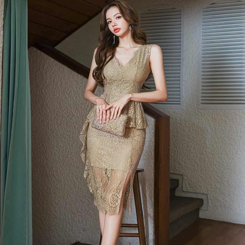 Temperament split V-neck Korean style summer dress