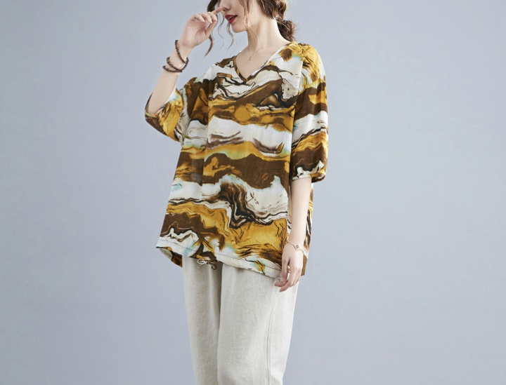 Casual cotton linen large yard loose V-neck printing tops