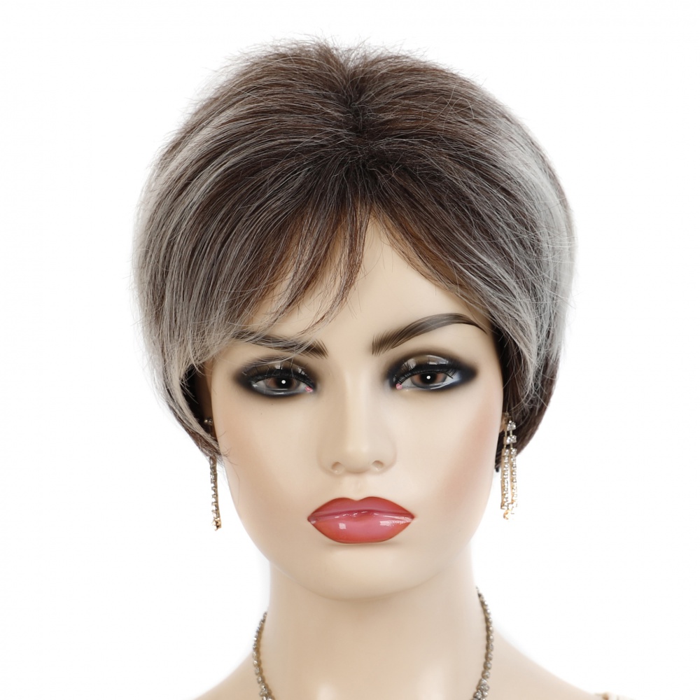 Fiber brown wig short white headgear for women