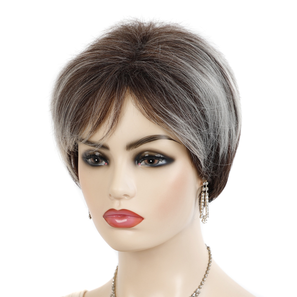 Fiber brown wig short white headgear for women