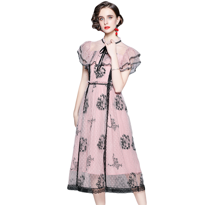 Elegant temperament bow lace embroidered noble dress
