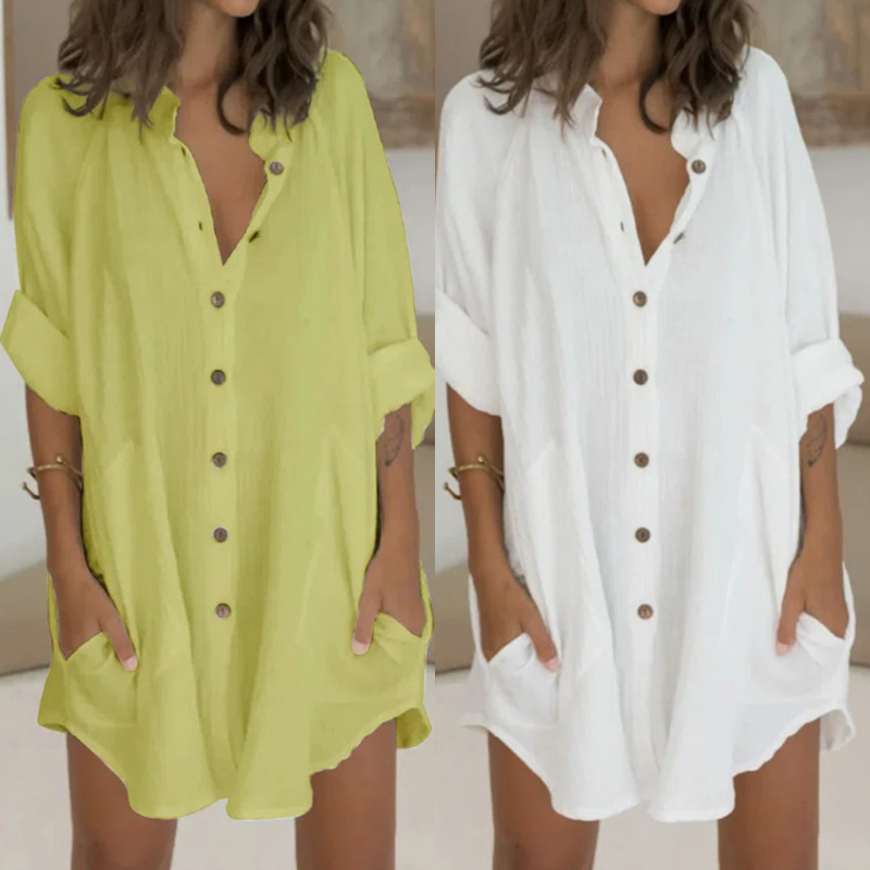 Breasted cotton linen European style shirt for women