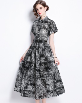Pinched waist with belt short sleeve pattern lapel animal dress
