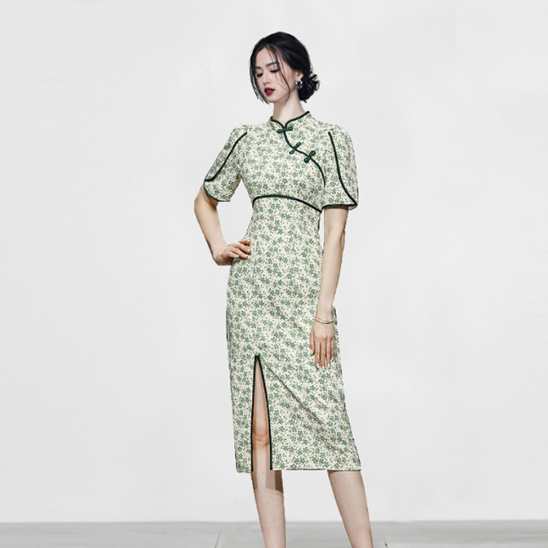 Slim sweet Korean style floral split temperament dress