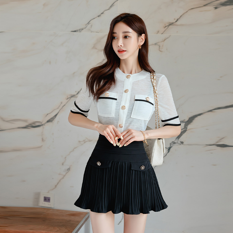 Korean style high waist cardigan slim tops a set