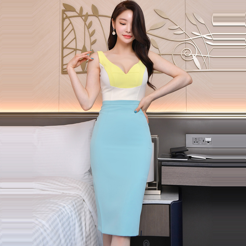 Sexy summer mixed colors V-neck package hip dress